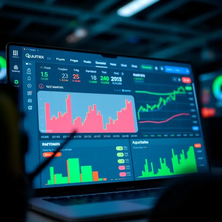 User interface showcasing the Quotex trading platform dashboard with market charts and trading options