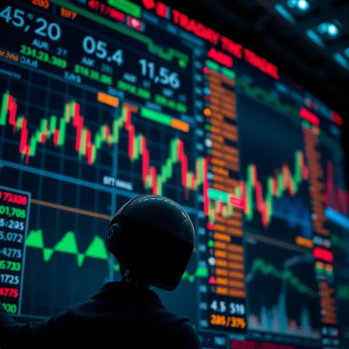 Conceptual graphic showing automated trading algorithms interacting with stock market indicators