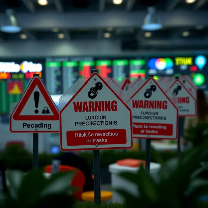 Warning signs and secure investment icons illustrating the risks and precautions in binary trading