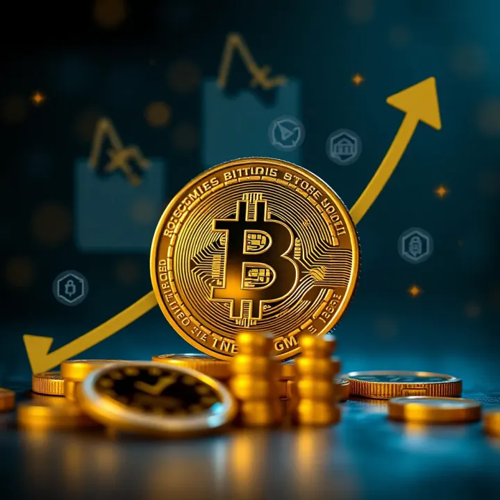 Conceptual illustration of bitcoin as a store of value with regulatory symbols and growth arrows