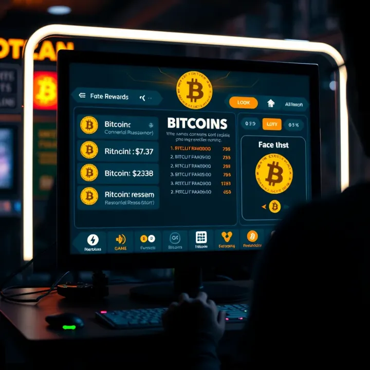 Screenshot of an early online game interface displaying Bitcoin rewards and digital currency elements