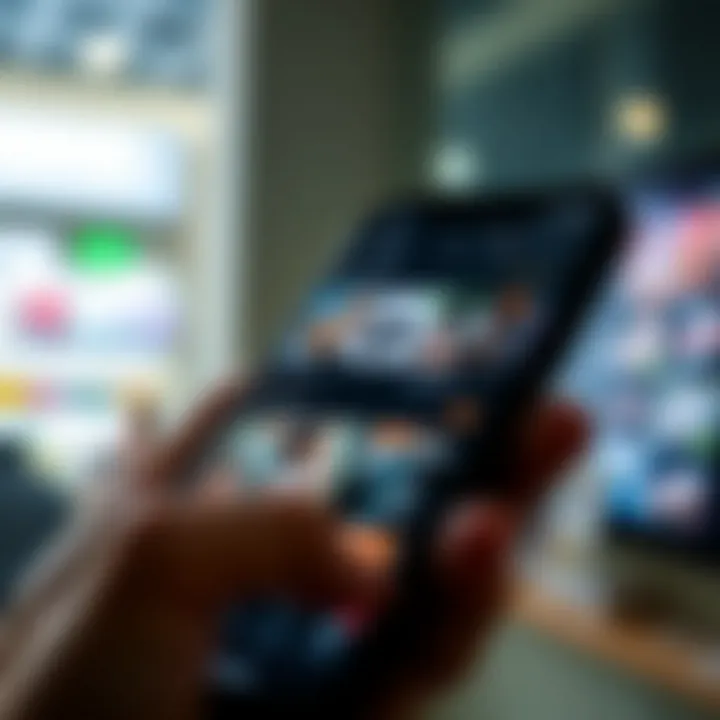 Digital marketplace interface displaying various product categories and customer reviews on a mobile device