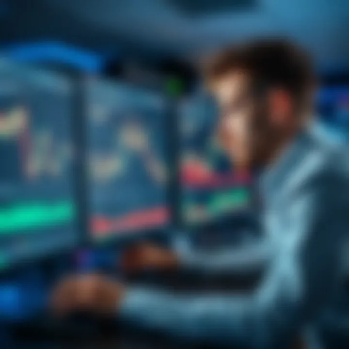 Financial trader analyzing market graphs on computer with virtual training account