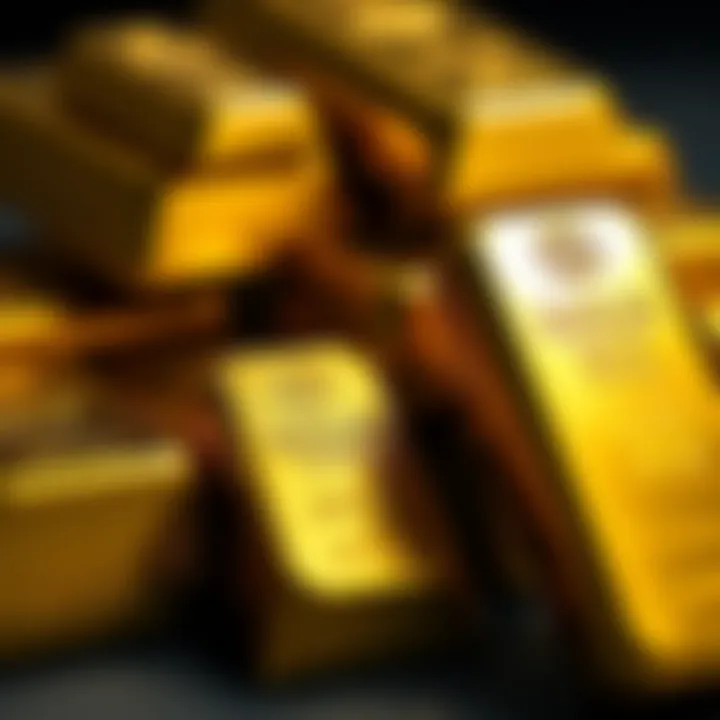 Close-up of various gold bars illustrating different weights and sizes stacked together