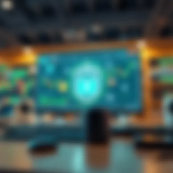 Illustration of secure online trading environment with digital security icons and trading tools