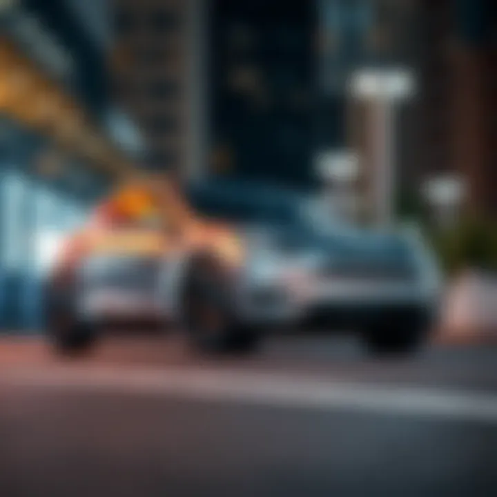 Tesla Model Y in a modern urban setting showcasing its sleek design and aerodynamic profile