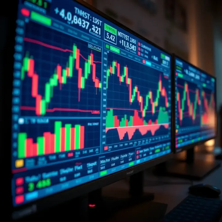High-resolution monitor displaying multiple financial charts with clear color contrast and sharp details
