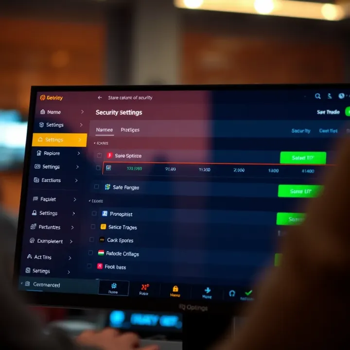 Security settings screen within IQ Option application on Windows highlighting safe trading practices
