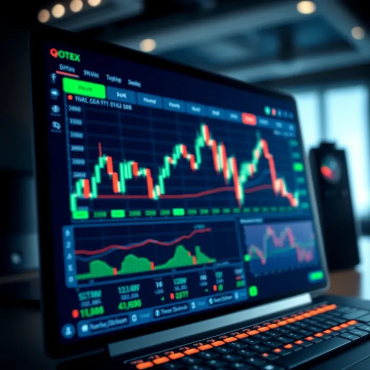 Digital platform dashboard showing binary options trading interface with charts and data
