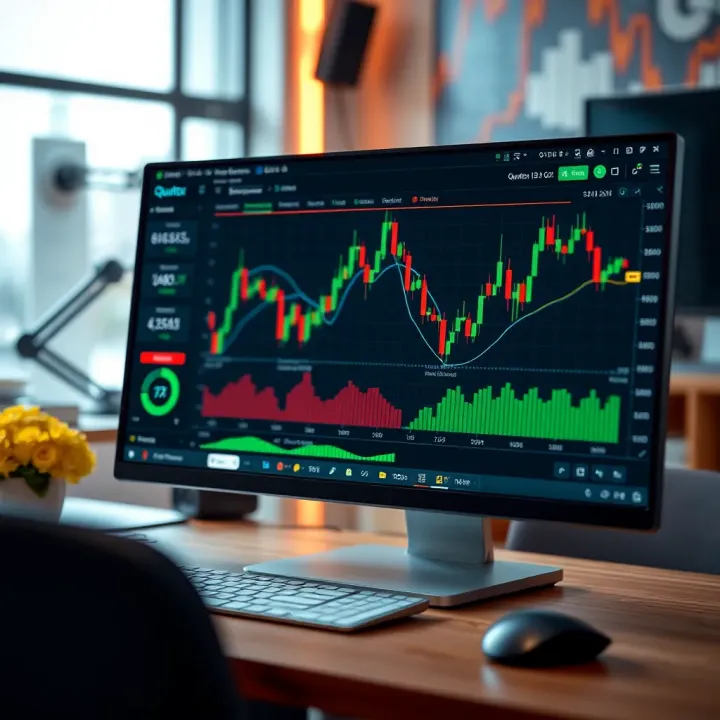 User interface of Quotex trading platform on desktop showing key features and trading charts