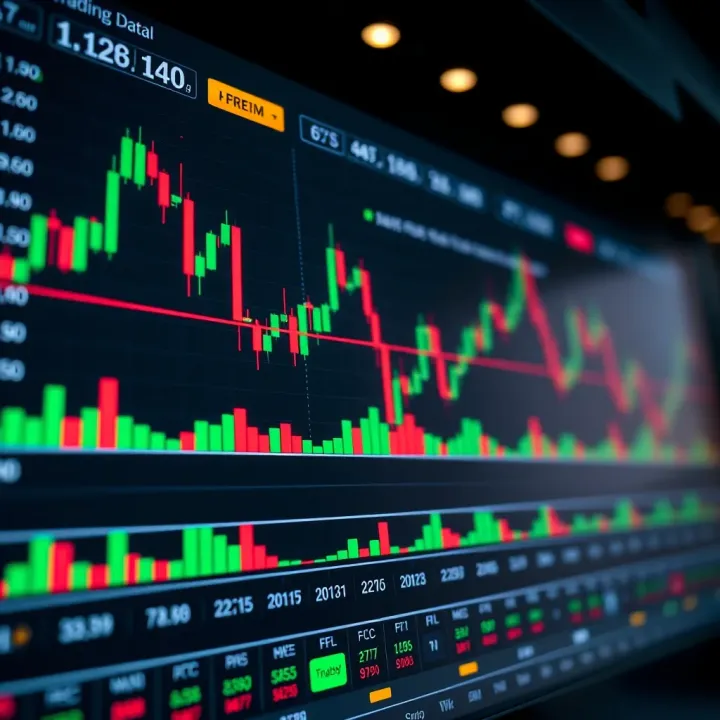 Graphical interface of a trading platform showing candlestick charts and market indicators