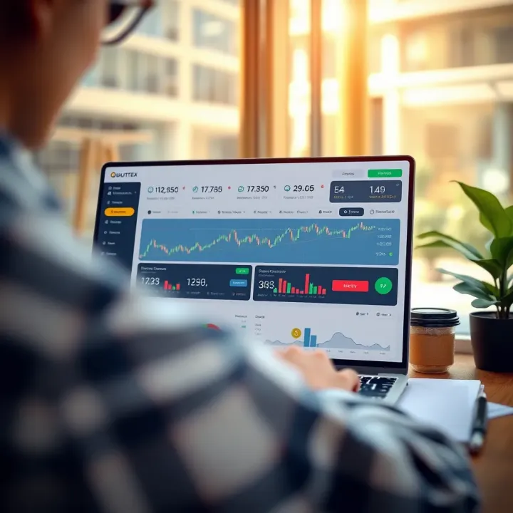 Illustration showing Quotex demo version dashboard with trading options and tools