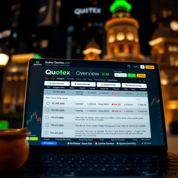 Illustration of trading platform interface displaying Quotex bonus details and terms
