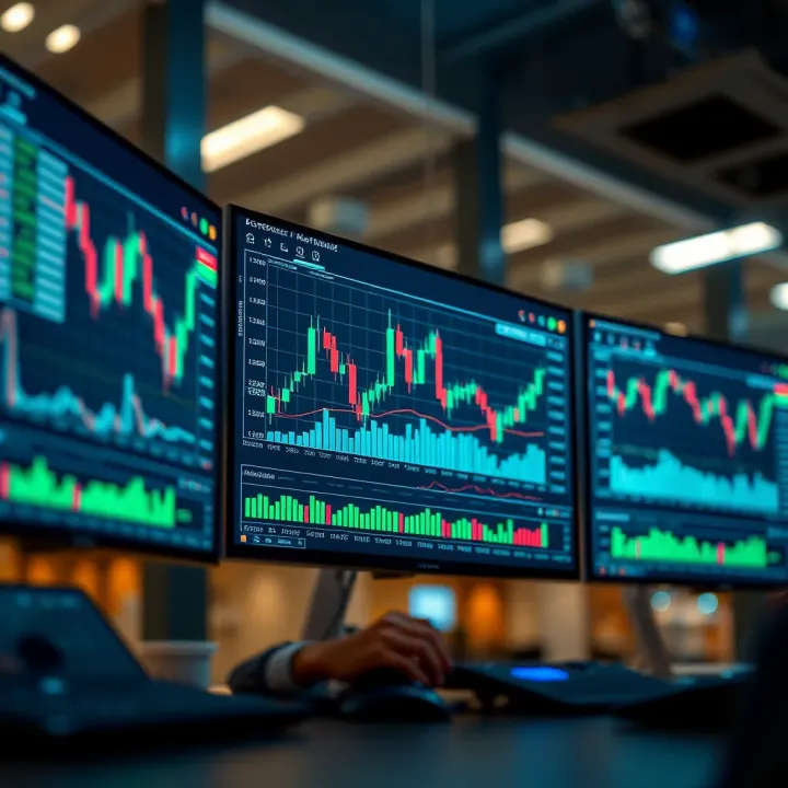 Digital interface displaying online trading platform with charts and financial data