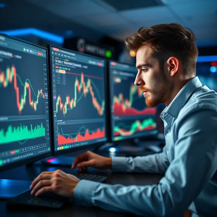 Financial trader analyzing market graphs on computer with virtual training account