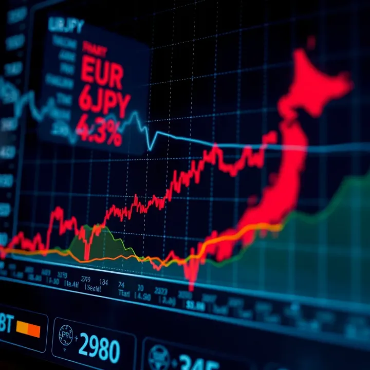Graph depicting EUR/JPY exchange rate fluctuations with economic indicators from Europe and Japan