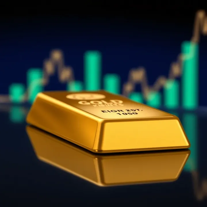Close-up of a standard gold bar placed on a reflective surface highlighting its weight and purity marks