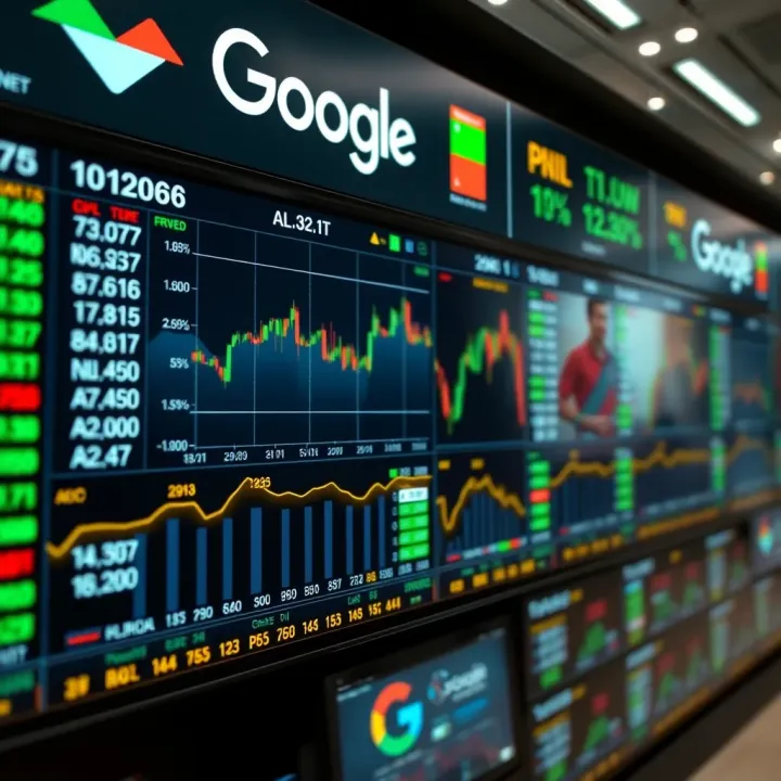 Stock market exchange board displaying Google Alphabet stock prices and financial data