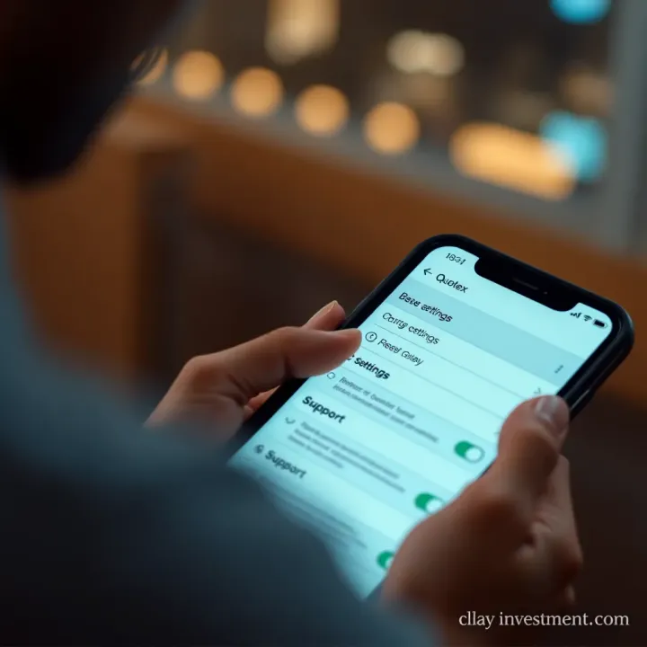 Secure mobile device with Quotex app open displaying security settings and support options