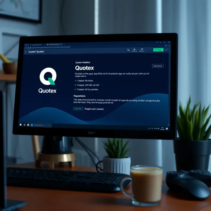 Computer desktop displaying Quotex app installation progress and system requirements