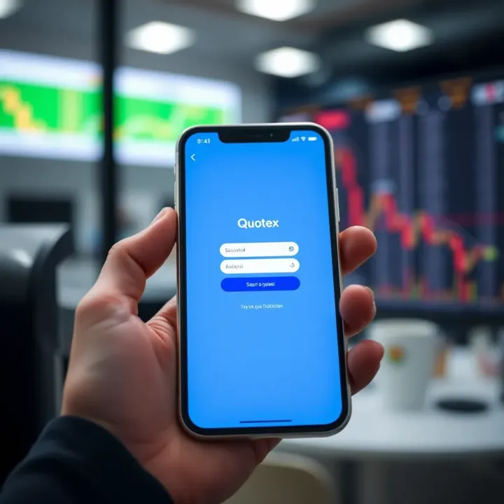 Mobile device displaying secure login screen for Quotex trading platform