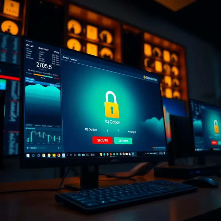 Illustration of a secure login screen for IQ Option on a desktop computer emphasizing security features