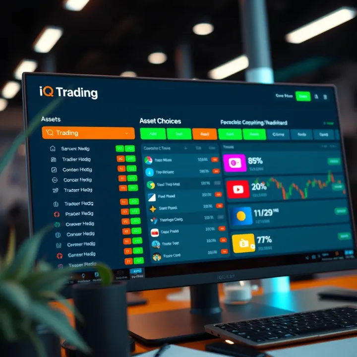 Interface of IQ Trading platform showing various financial assets and trading options