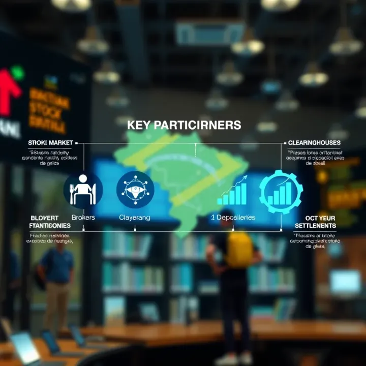 Illustration of key entities involved in Brazilian stock market settlement including brokers, clearinghouses, and depositories