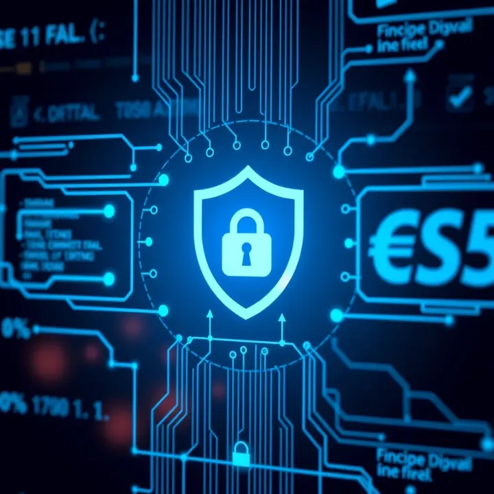 Secure digital banking interface showing encrypted data and shield symbol
