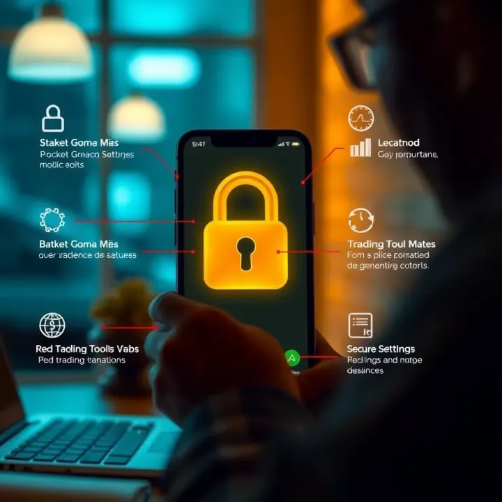 Graphic showing key features of the Pocket Option app including trading tools and secure settings
