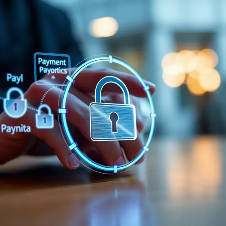 Secure transaction concept with digital lock and financial symbols illustrating payment safety