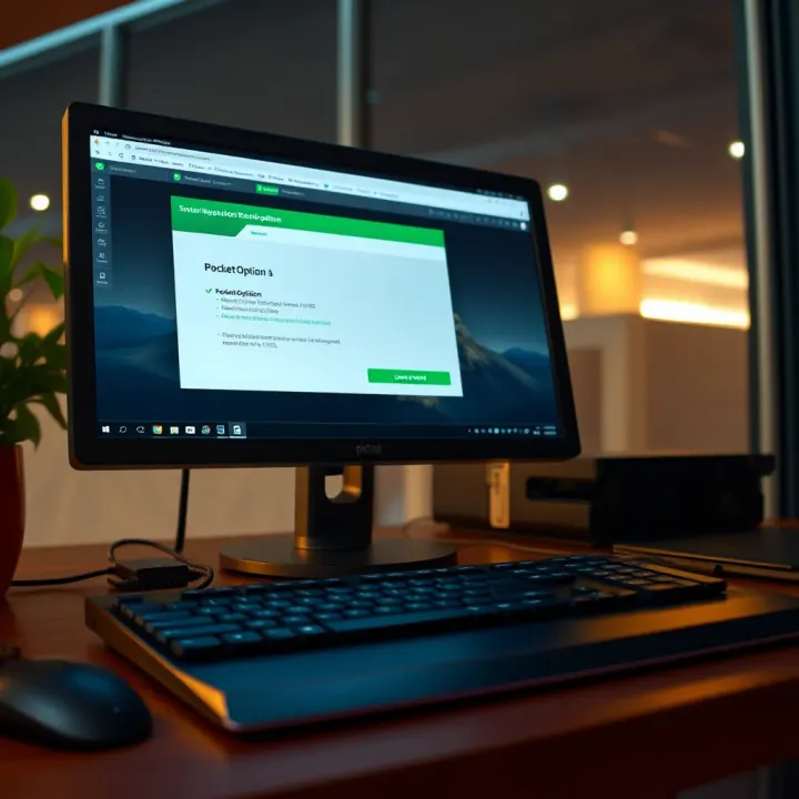 Computer setup showing system requirements and installation progress for Pocket Option