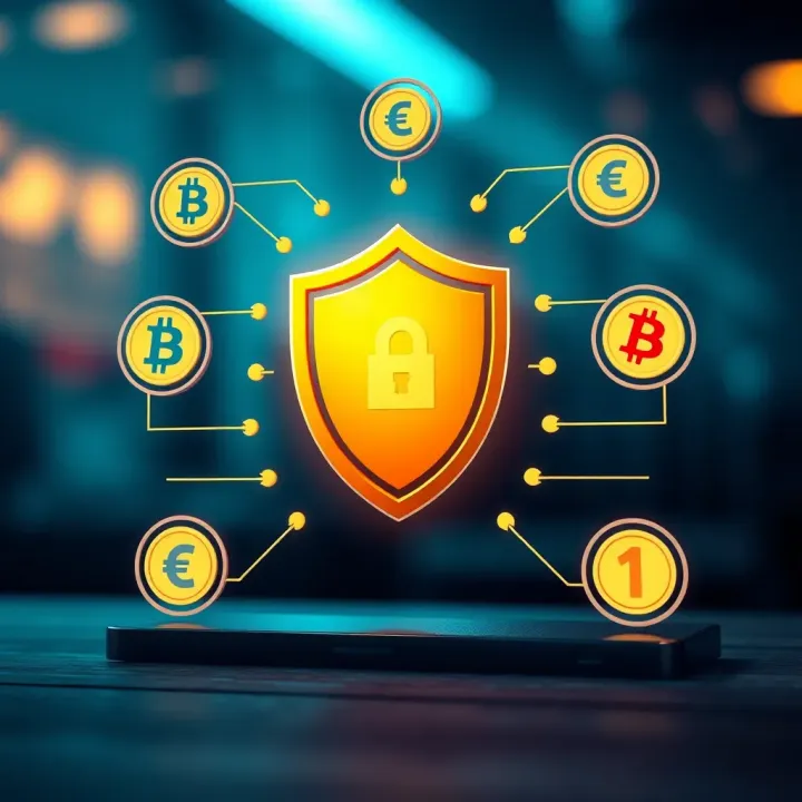 Illustration of a secure transaction process with digital currency symbols and safety shield