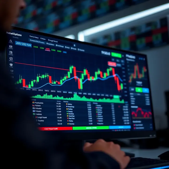 Trading platform interface showing binary options graphs and asset types