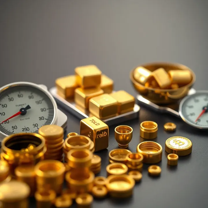 Understanding Gold Measurement Units and Weight Various gold units of measurement including grams and carats laid out with scales