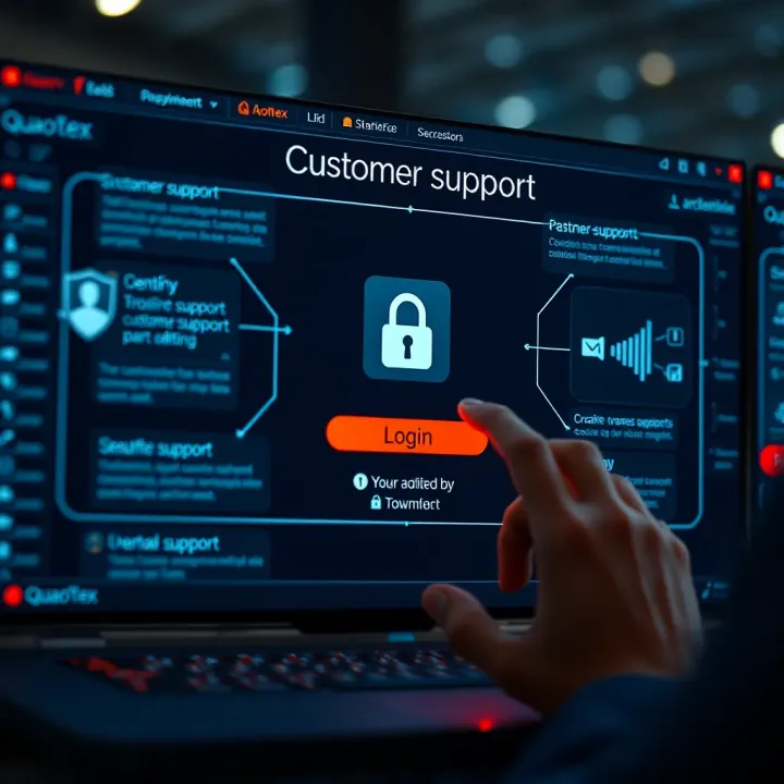 Secure login screen highlighting Quaotex customer support and security features