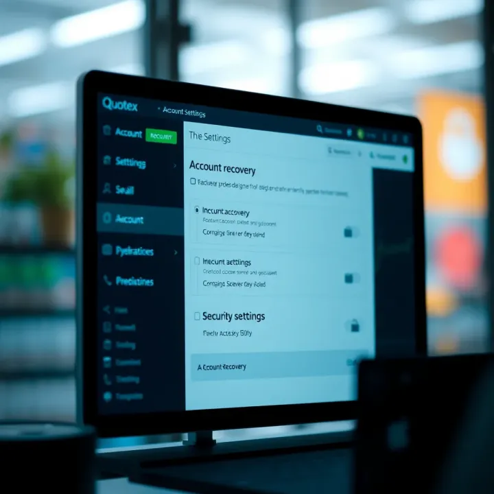 Screen displaying account recovery options and security settings on the Quotex platform