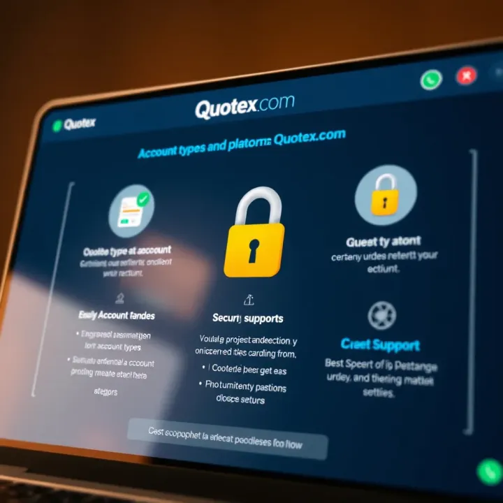 Illustration of different account types and security features available on Quotex.com with detailed support options