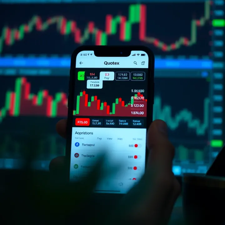 Smartphone displaying the Quotex app interface with colorful trading graphs and options