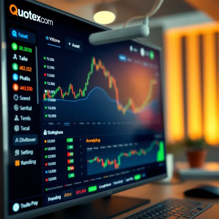 Dashboard interface showing trading options and asset categories on Quotex.com platform