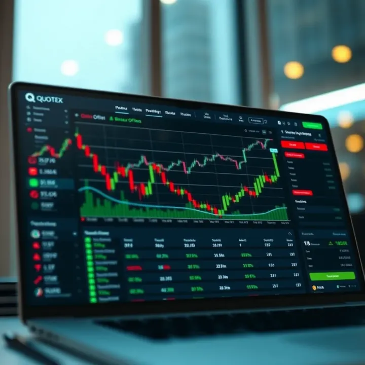 Interface of Quotex platform showing binary options trading dashboard with charts and trading options