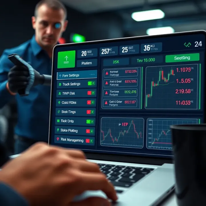 Conceptual illustration of a secure digital interface showing forex trading bot settings and risk management features