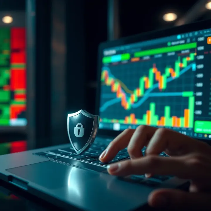 Secure online forex trading with graph charts and regulatory shield icon