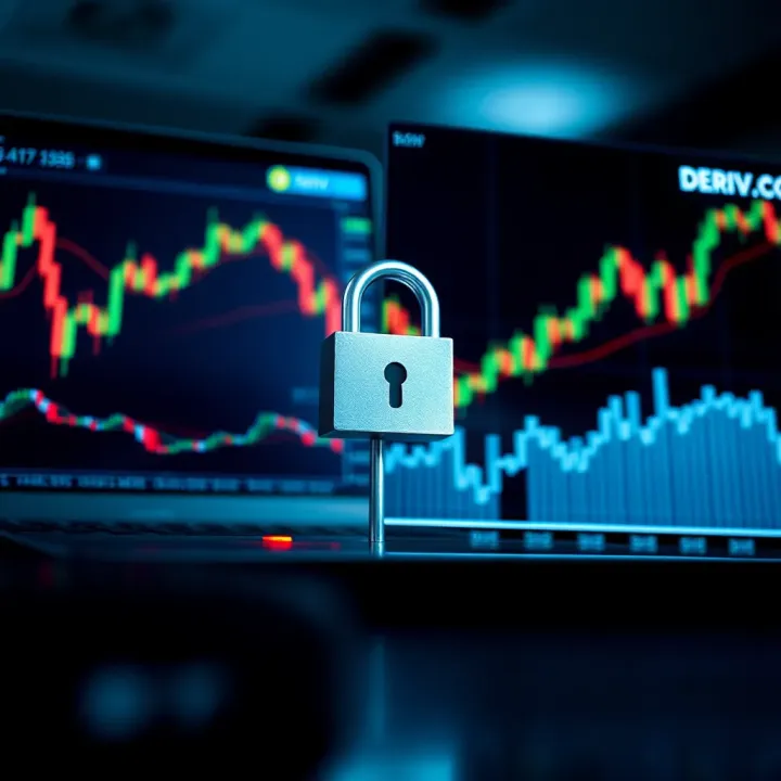 Illustration of secure online trading with Deriv.com featuring lock symbol and financial graphs