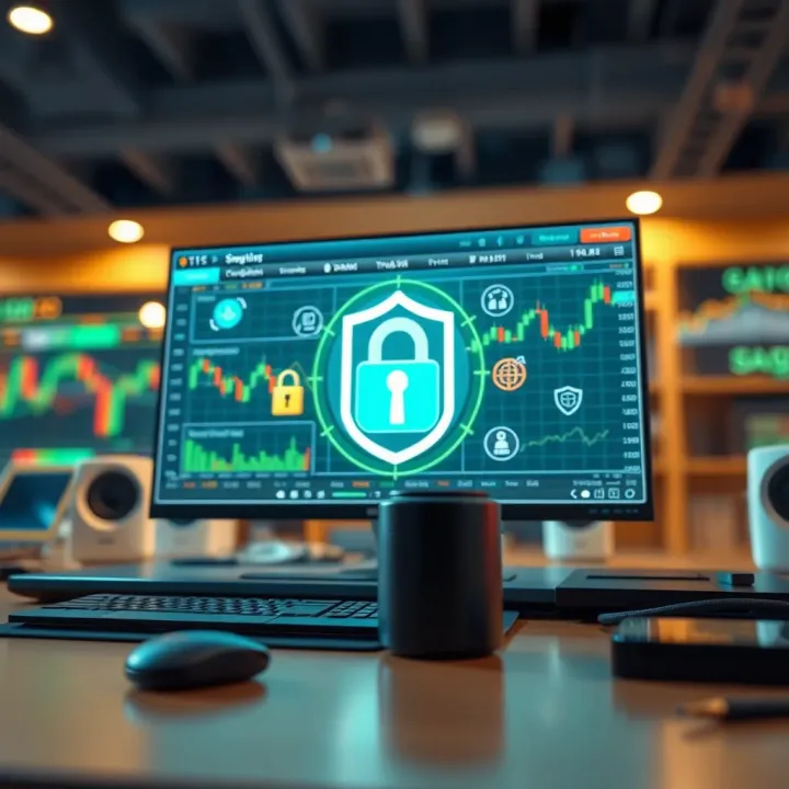Illustration of secure online trading environment with digital security icons and trading tools