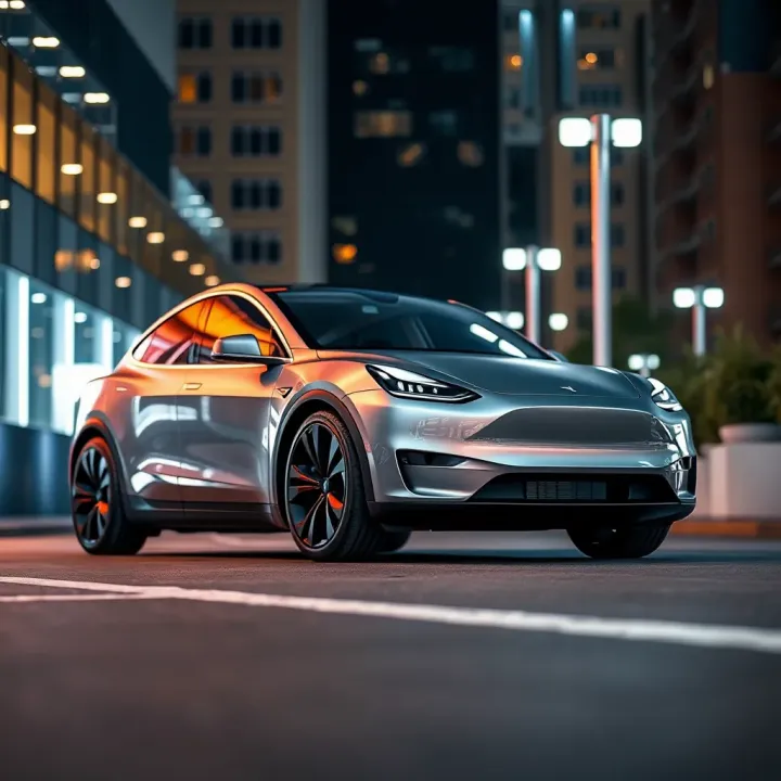 Tesla Model Y: Sleek Urban Design and Aerodynamics Tesla Model Y in a modern urban setting showcasing its sleek design and aerodynamic profile