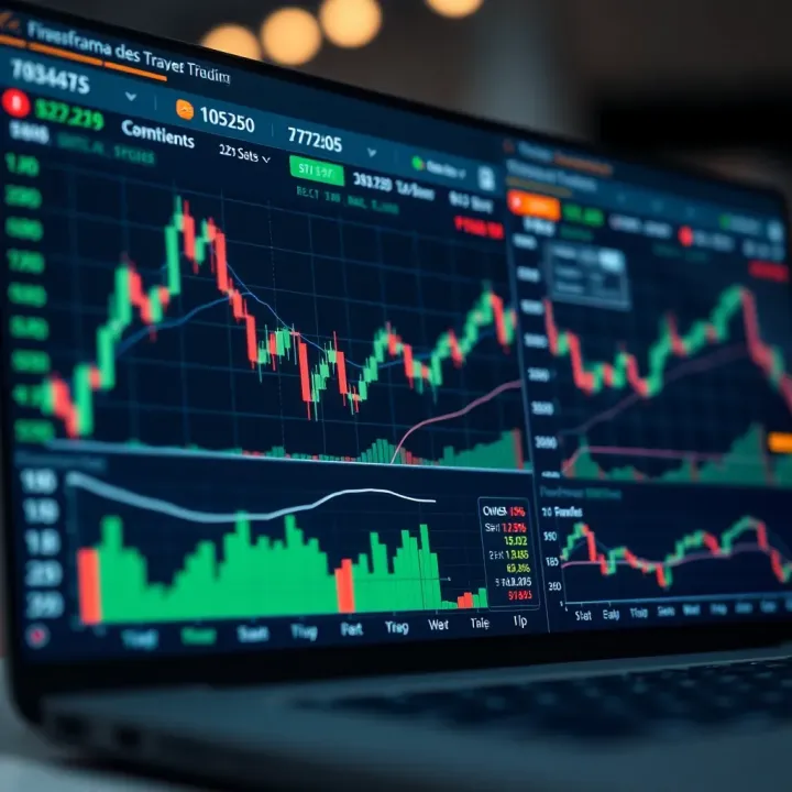 Illustration of a digital trading platform interface displaying charts and key market data