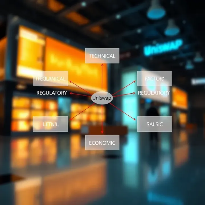 Diagram illustrating technical, regulatory, and economic factors influencing Uniswap's future performance